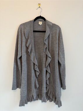 Boo Gemes Grey Ruffle Open Cardigan Sweater